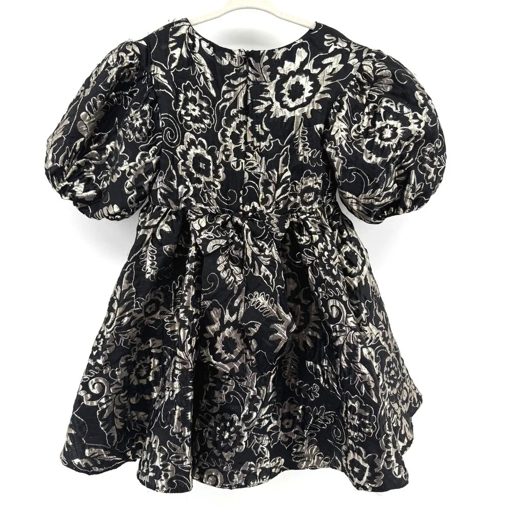 Girls Size 6 Dress Black Gold Silver Brocade Floral Puff Sleeve Holiday Party